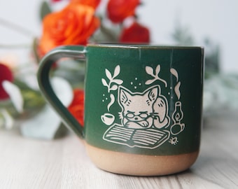 Book Cat Mug - farmhouse style handmade pottery