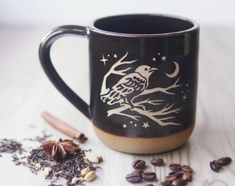 Crow Mug - bird of death and rebirth engraved rustic pottery