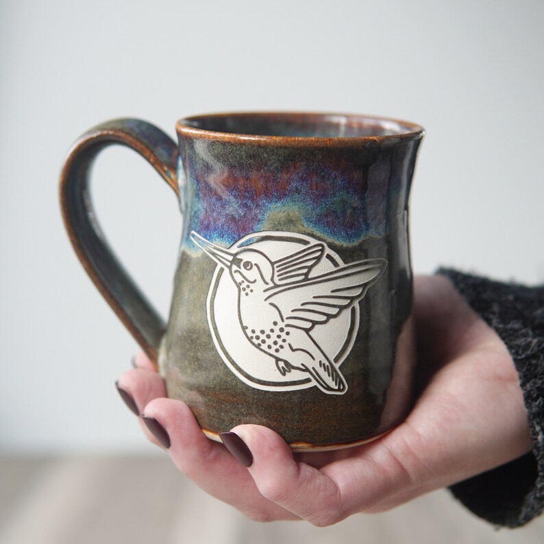 Hummingbird Mug rustic handmade pottery with drippy reactive glaze in Dusk image 5