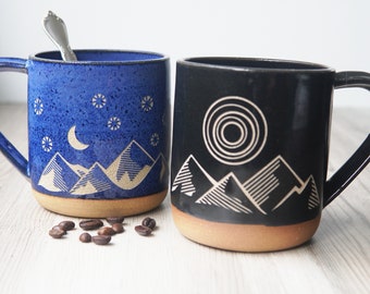 Good Day + Night Mountains Farmhouse Mug - sgraffito carved rustic pottery