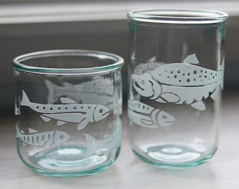 Salmon Fish Recycled Glass Cup - fishing eco glass tumbler for drinking or candles