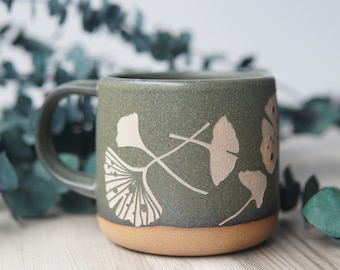 Ginkgo Leaves Mug - floral rustic handmade pottery