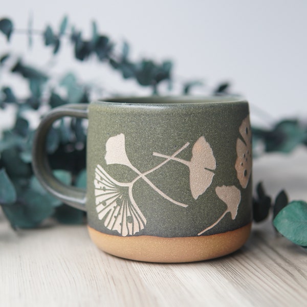 Ginkgo Leaves Mug - floral rustic handmade pottery