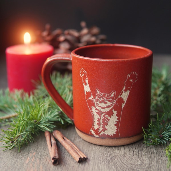 Cat Mug - Stretching Paws Handmade Pottery
