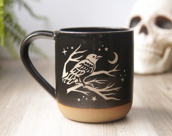 Crow Mug - bird of death and rebirth engraved rustic pottery