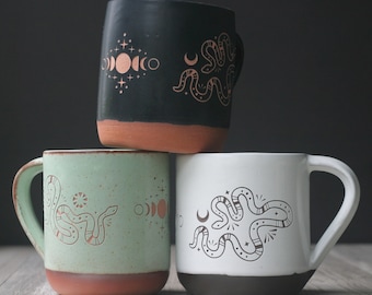 Snake Mug Sun + Moon Phase Boho Serpents Farmhouse style handmade pottery
