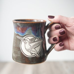 Hummingbird Mug rustic handmade pottery with drippy reactive glaze in Dusk image 2