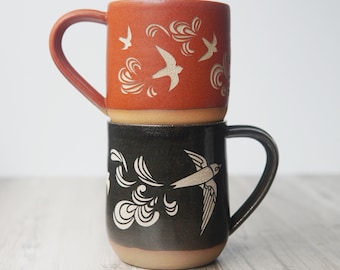Birds Mug - Vaux's Swifts Farmhouse Style engraved pottery