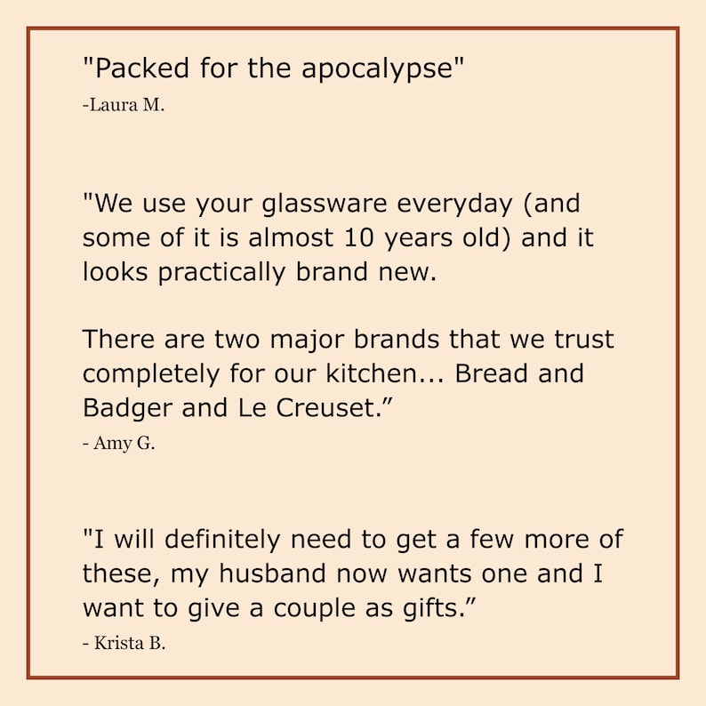 Bread and Badger testimonial reviews: "Packed for the apocalypse"...