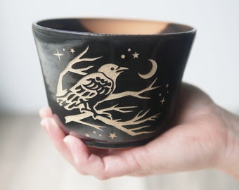 Crow Bowl - bird on branches handmade pottery