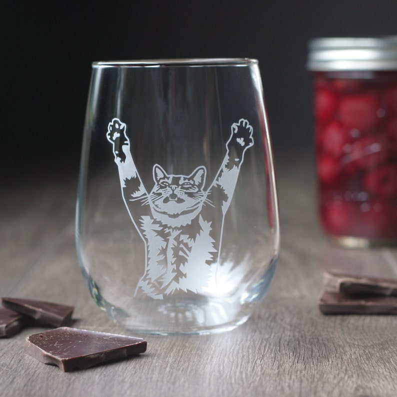 Stretch Cat Stemless Wine Glass Dishwashersafe Engraved Etsy