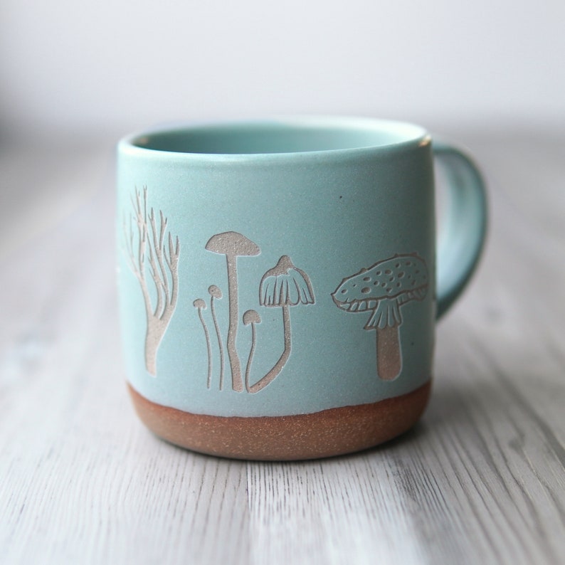 Mushroom Collection Mug engraved pottery Rain