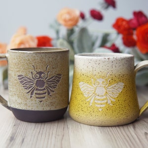 Honey Bee Mug - rustic handmade pottery in speckled yellow or shiny black