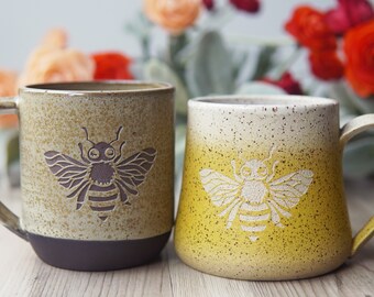 Honey Bee Mug - rustic handmade pottery in speckled yellow or shiny black