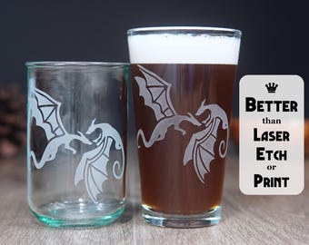 Dragon Pint Glass - engraved barware or recycled glassware