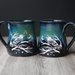 Crow Mug - bird of death and rebirth engraved rustic pottery