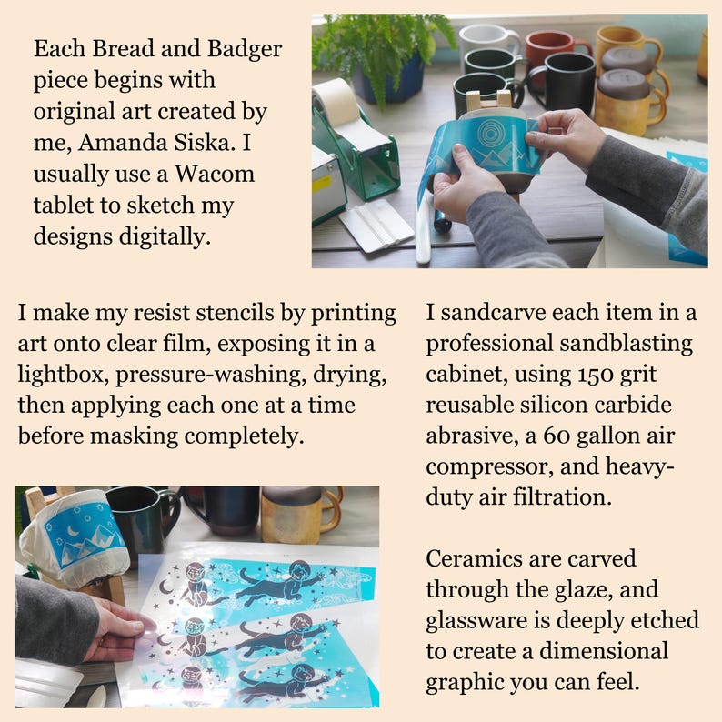 May include: A ceramic mug being prepared with a blue adhesive stencil featuring a mountain and sun graphic. The stencil is applied to the mug surface, while other mugs in white, black, red, and yellow sit nearby on a workspace surface.