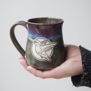 Hummingbird Mug rustic handmade pottery with drippy reactive glaze in Dusk image 1