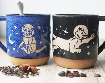 Astronaut Space Cats Mug - handmade celestial pottery