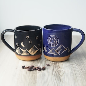 Good Day + Night Mountains Farmhouse Mug - sgraffito carved rustic pottery