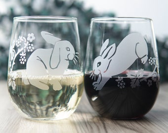 Rabbits Stemless Wine Glass Set of 2 - bunny engravings