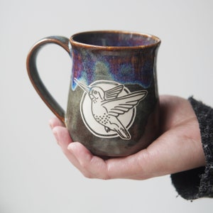 Hummingbird Mug rustic handmade pottery with drippy reactive glaze in Dusk image 6