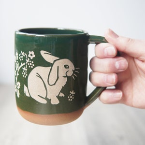 Rabbit Mug Farmhouse Style Handmade Pottery Cup with Blackberries Pine Green