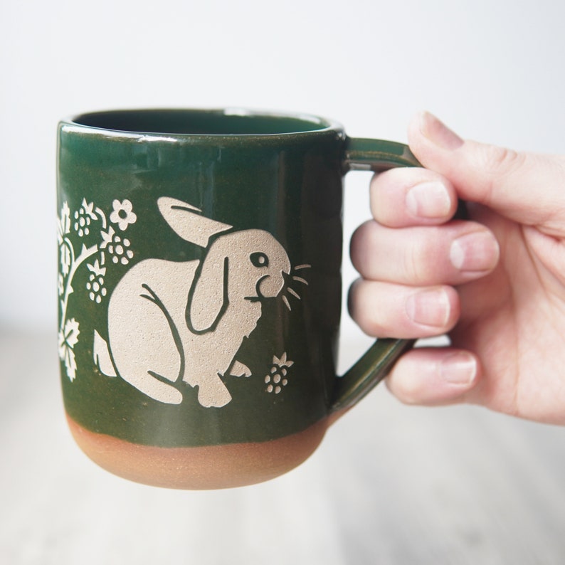 Rabbit Mug Farmhouse Style Handmade Pottery Cup with Blackberries Pine Green