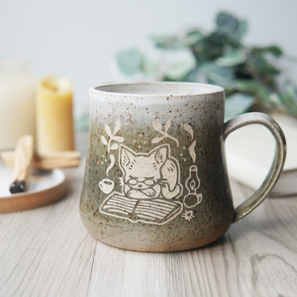 Book Cat Mug - cozy handmade pottery