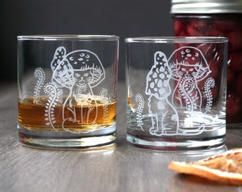 Mushroom Cats Tumbler Glass - Etched Lowball DOF or Highball Cocktail Glassware