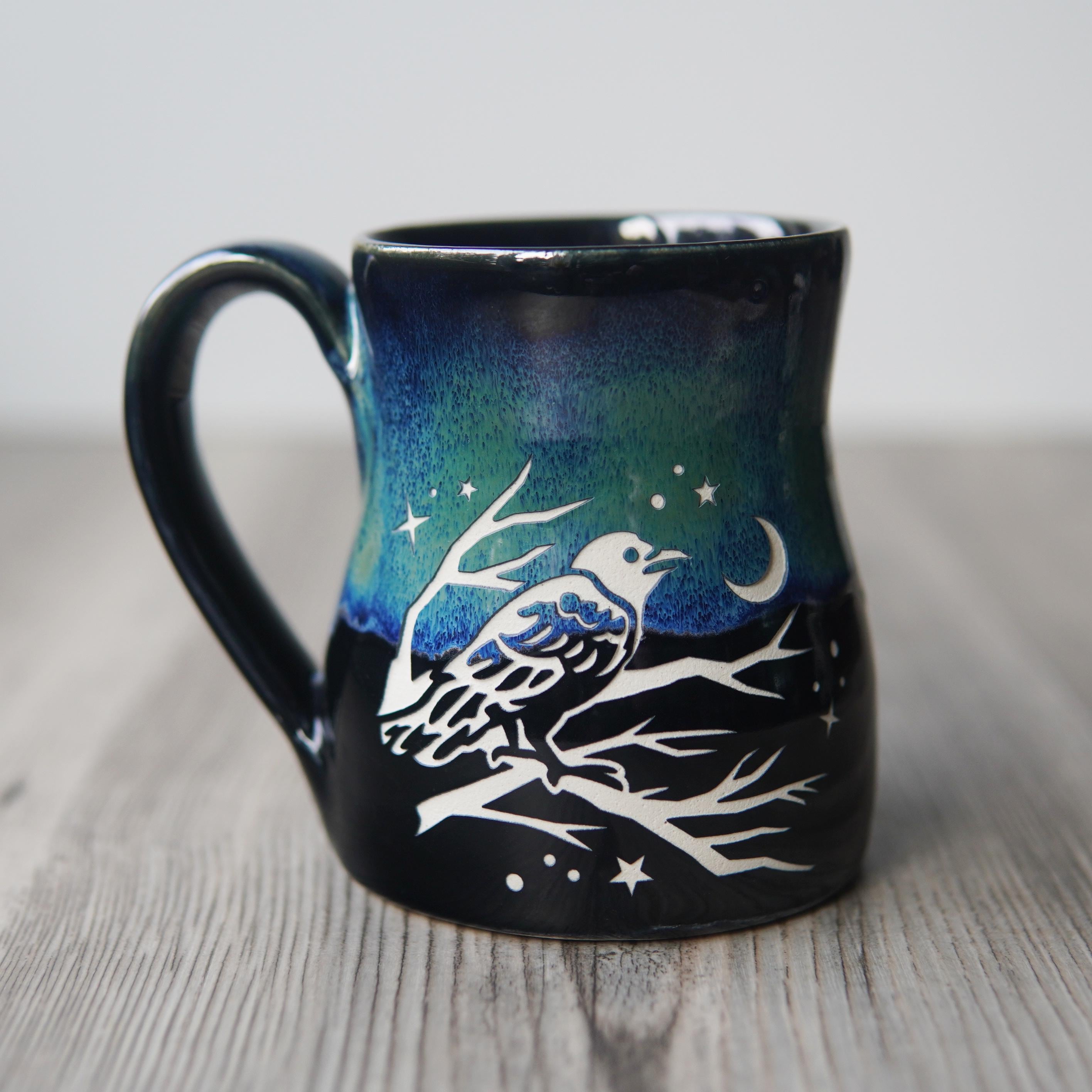 Crow Mug - bird of death and rebirth engraved rustic pottery