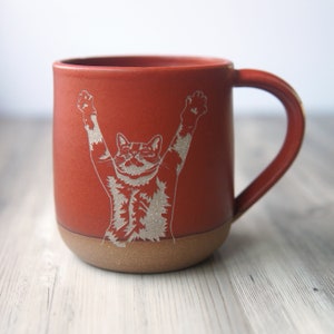 Stretching Cat Mug Handmade Pottery Cup Paprika