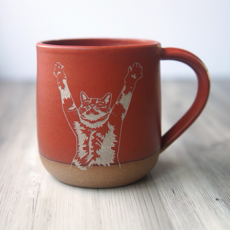 Stretching Cat Mug Handmade Pottery Cup Paprika