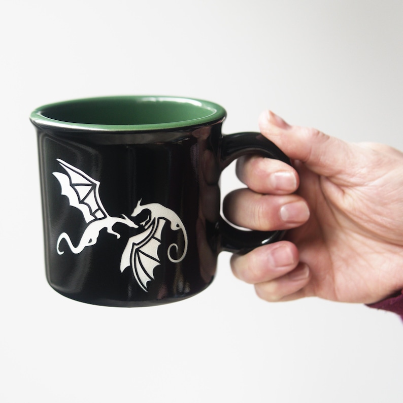 Dragons Mug - handmade medieval fantasy pottery - dishwasher safe Hunter Green Camp