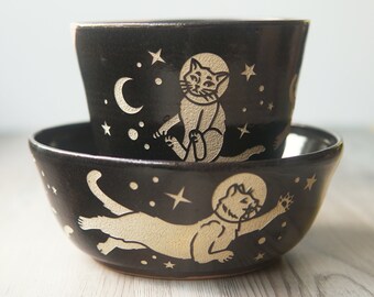 Astronaut Space Cats Bowl - handmade celestial pottery