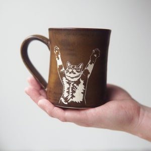 Stretching Cat Mug Handmade Pottery Cup Walnut (skinny)