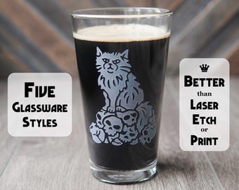 Dungeon Cat Glassware - Persian kitty + Skulls - etched barware