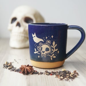 Haunted Skull Mug, Ghost Cat with Mushrooms