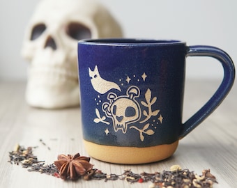 Haunted Skull Mug, Ghost Cat with Mushrooms