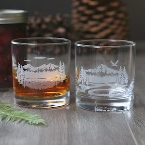 Mountain Lowball Glass - engraved Mt Hood, Mt Rainier, or Three Sisters in the PNW
