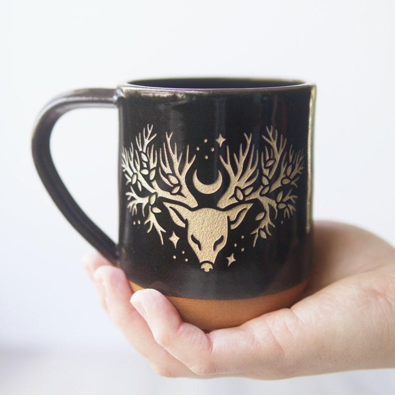 Deer Tree Mug Artemis/Diana Farmhouse Style Handmade Pottery Black