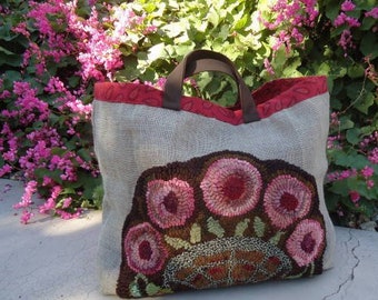 Hooked rug tote bag on linen with Minick and Kaffe lining,vintage roses of hand dyed wool