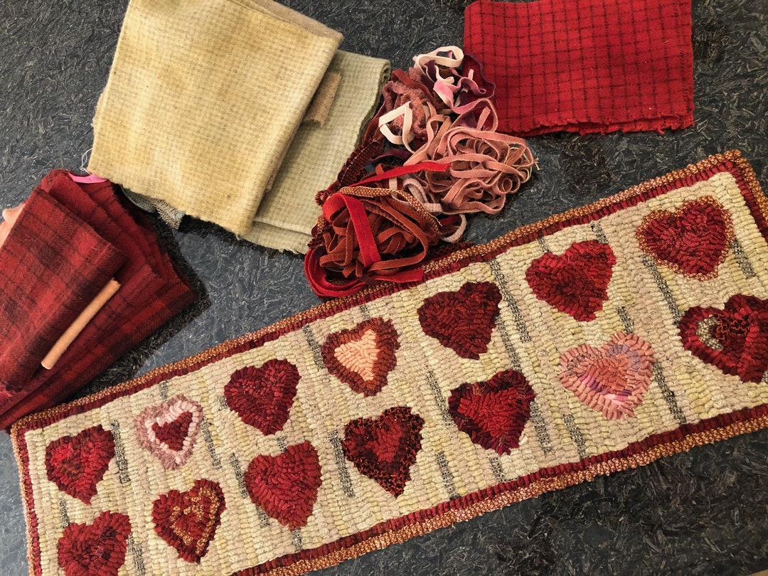 14 HEARTS Rug Hooking Hooked Pattern on Primitive Linen, Red Hearts ...