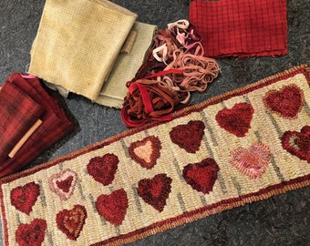 14 HEARTS rug hooking hooked pattern on primitive linen, red hearts, valentine pattern