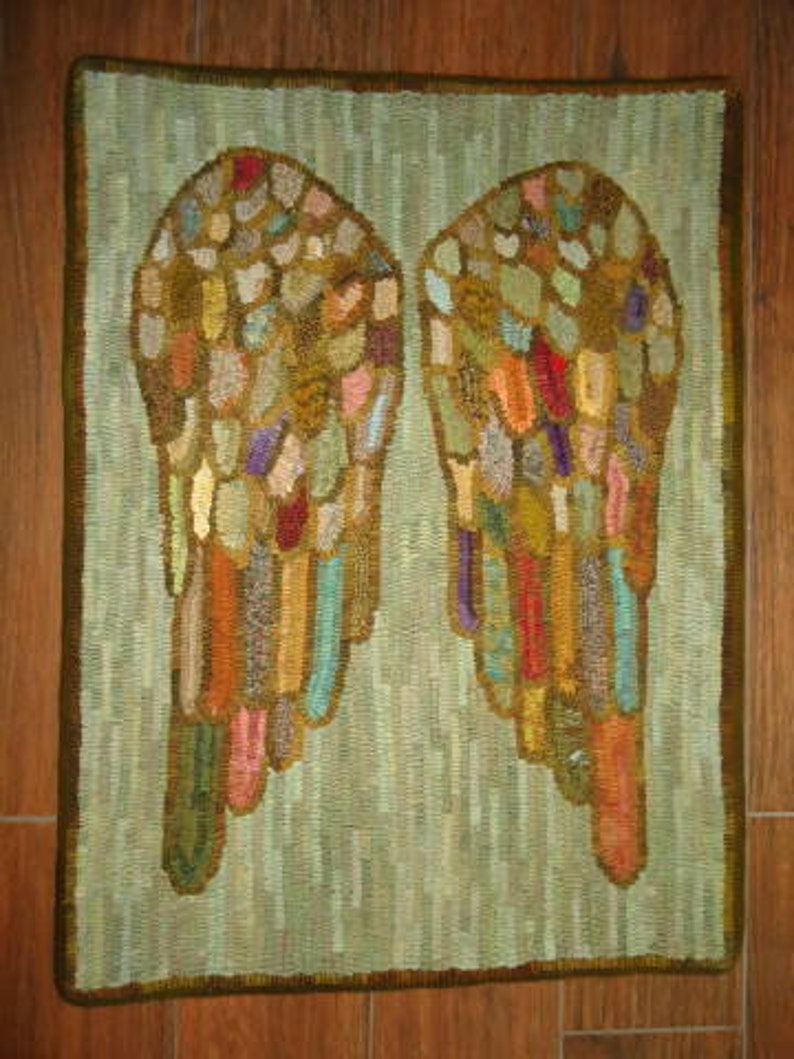 ANGEL WINGS rug hooking hooked pattern on primitive linen image 1