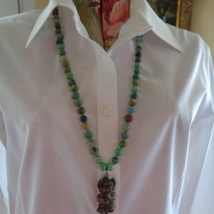 Hand Knotted Turqoise beads necklace with antique chinese girl good luck pendant and temple bells image 2