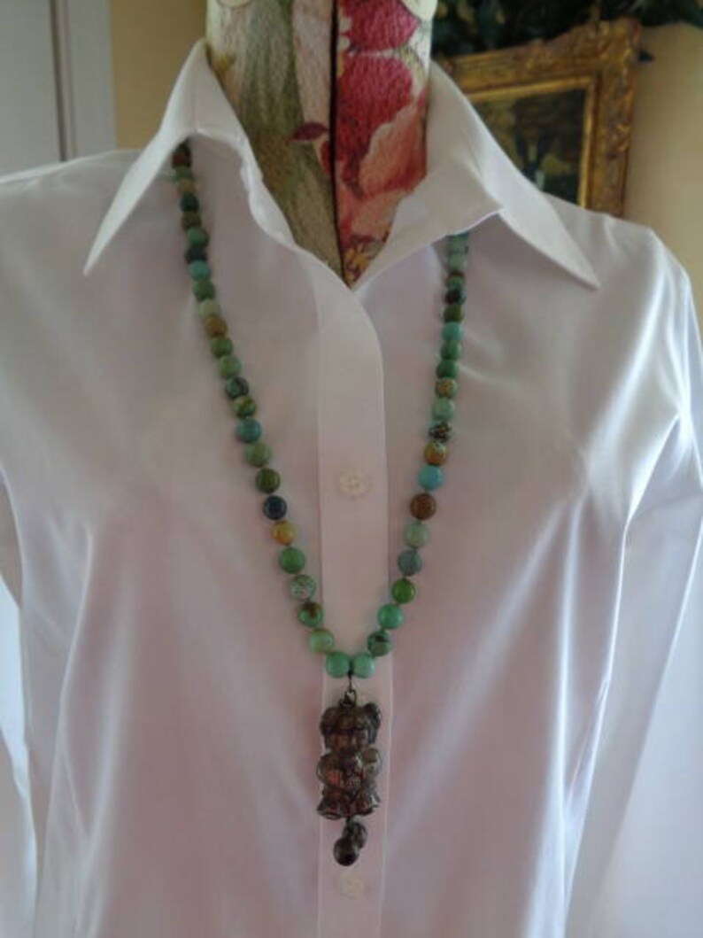 Hand Knotted Turqoise beads necklace with antique chinese girl good luck pendant and temple bells image 2