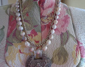 Baroque pearl,bronze pearl necklace with vintage Chinese Buddha and good luck cranes pendant