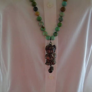 Hand Knotted Turqoise beads necklace with antique chinese girl good luck pendant and temple bells image 3