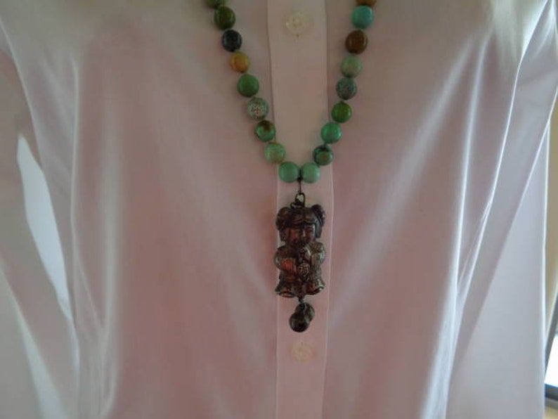 Hand Knotted Turqoise beads necklace with antique chinese girl good luck pendant and temple bells image 3